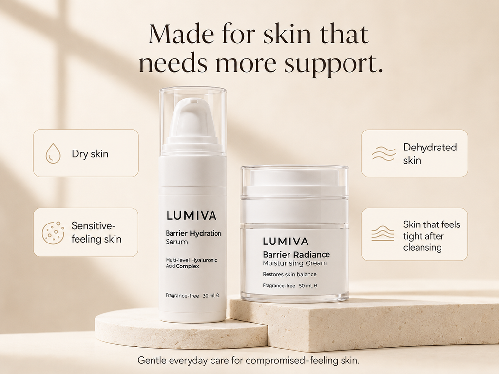 LUMIVA skincare set featuring a white Barrier Hydration Serum and a clear jar of Moisturising Cream on a beige pedestal, with marketing text and benefit callouts for dry, sensitive, and dehydrated skin.
