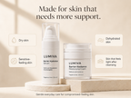 LUMIVA skincare set featuring a white Barrier Hydration Serum and a clear jar of Moisturising Cream on a beige pedestal, with marketing text and benefit callouts for dry, sensitive, and dehydrated skin.