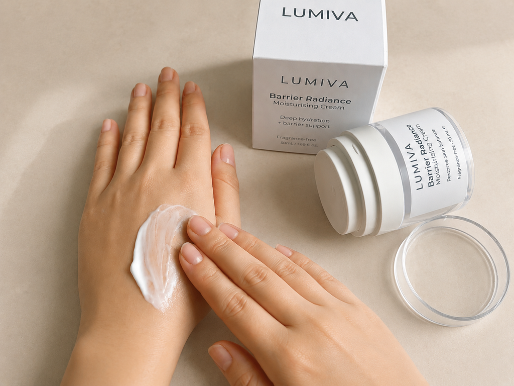 Lumiva skincare cream being applied to hands with packaging in the background