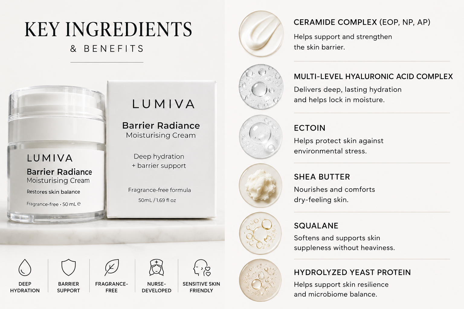 Lumiva Barrier Radiance Moisturising Cream with key ingredients and benefits on a white background