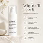 LUMIVA Barrier Hydration Serum bottle displayed on a stone surface beside a bowl, with text on the right reading 'Why You'll Love It' and feature callouts for deep hydration, healthy skin barrier, soft and plump skin, lightweight fragrance-free formula, and suitability for sensitive skin.