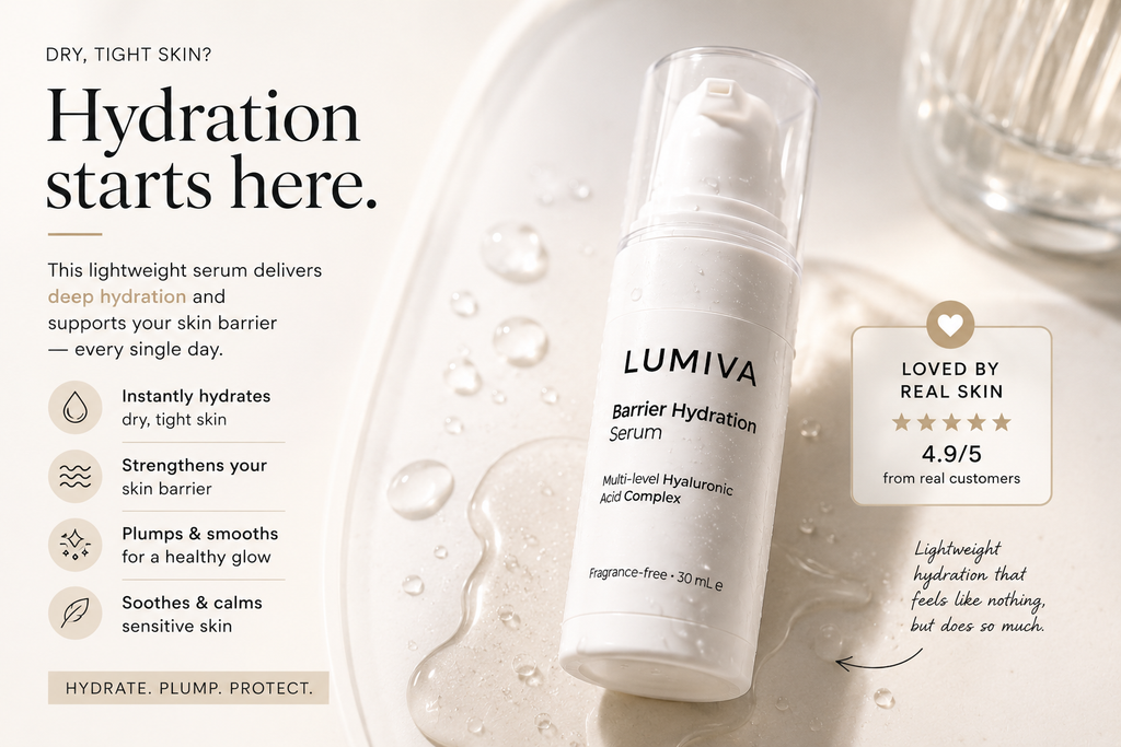 LUMIVA Barrier Hydration Serum bottle on a white marble surface with water droplets, alongside marketing text and a badge reading 'LOVED BY REAL SKIN'.