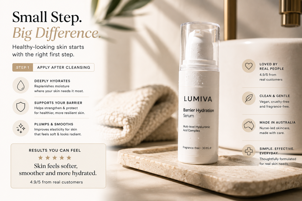 LUMIVA Barrier Hydration Serum bottle displayed on a stone tray next to a white soap dish in a warm bathroom setting, with promotional text overlays detailing product benefits.