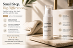 LUMIVA Barrier Hydration Serum bottle displayed on a stone tray next to a white soap dish in a warm bathroom setting, with promotional text overlays detailing product benefits.