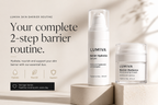 Lumiva skincare set featuring a white pump bottle of Barrier Hydration Serum and a clear jar of Barrier Radiance Moisturizing Cream, displayed on beige stone blocks with promotional text on the left.