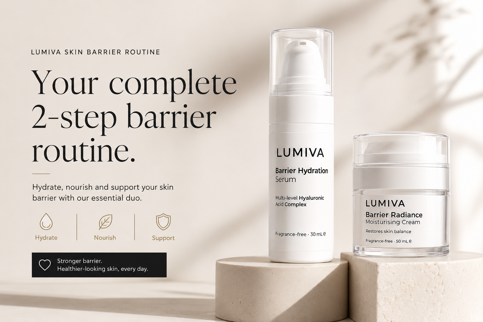 Lumiva skincare set featuring a white pump bottle of Barrier Hydration Serum and a clear jar of Barrier Radiance Moisturizing Cream, displayed on beige stone blocks with promotional text on the left.