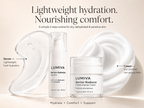 LUMIVA skincare set featuring Barrier Hydration Serum and Moisturising Cream on a warm beige background with descriptive text and illustrative graphics of serum droplets and cream texture.