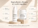 LUMIVA skincare set featuring a Barrier Hydration Serum and a Barrier Radiance Moisturizing Cream displayed on wooden blocks against a warm beige background with ingredient callouts.
