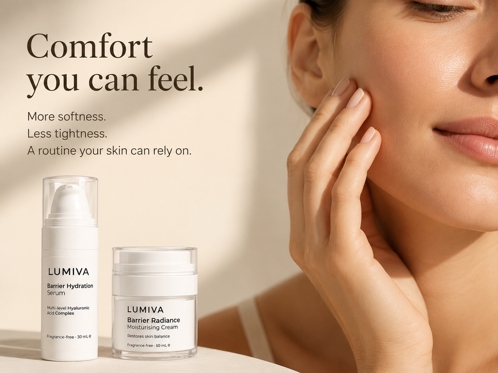 LUMIVA skincare set featuring a serum pump bottle and a moisturizing cream jar on a light surface, next to a close-up of a woman's face touching her cheek, with the text 'Comfort you can feel.' on a warm beige background.