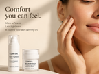 LUMIVA skincare set featuring a serum pump bottle and a moisturizing cream jar on a light surface, next to a close-up of a woman's face touching her cheek, with the text 'Comfort you can feel.' on a warm beige background.