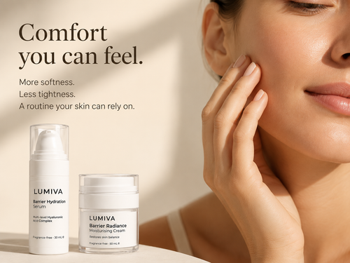 LUMIVA skincare set featuring a serum pump bottle and a moisturizing cream jar on a light surface, next to a close-up of a woman's face touching her cheek, with the text 'Comfort you can feel.' on a warm beige background.
