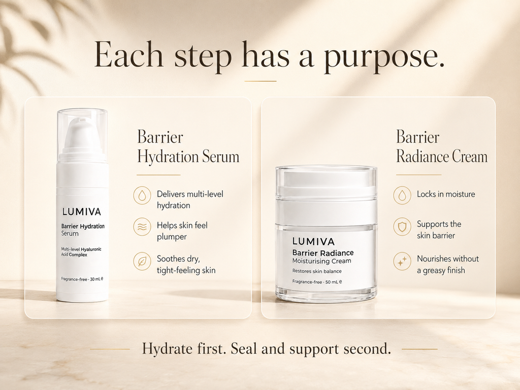 LUMIVA skincare set featuring Barrier Hydration Serum and Barrier Radiance Cream with descriptive text on a warm beige background.