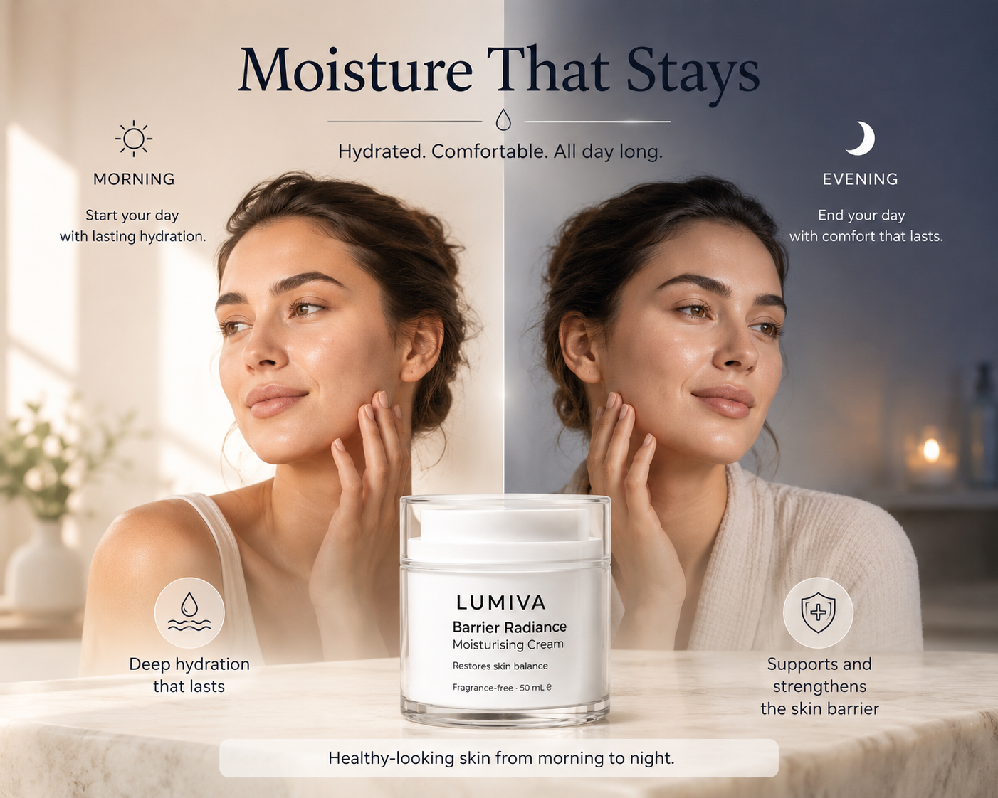 Advertisement for LUMIVA Barrier Radiance Moisturizing Cream showing a woman applying cream with text about hydration.