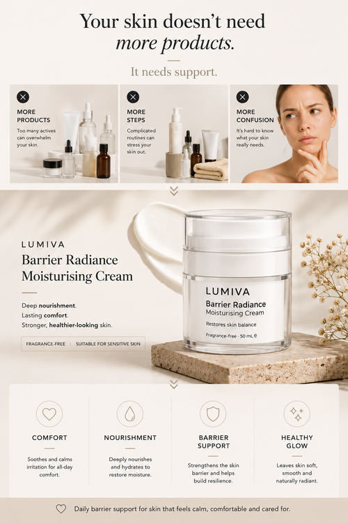 Lumiva Barrier Radiance Moisturising Cream with product details and benefits on a neutral background