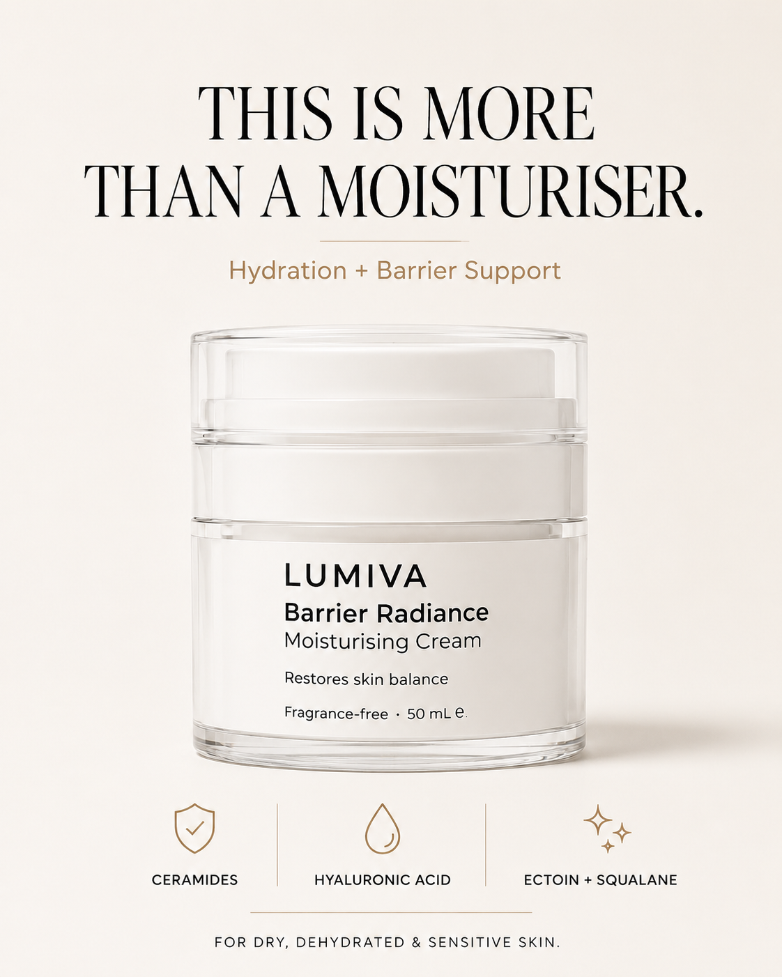 Lumiva Barrier Radiance Moisturising Cream jar with text on a light background