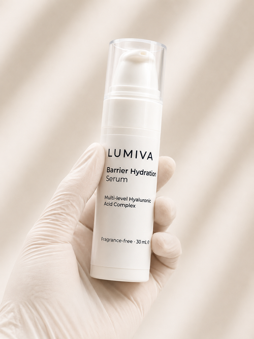 Lumiva Barrier Hydration Serum held in a hand against a neutral background