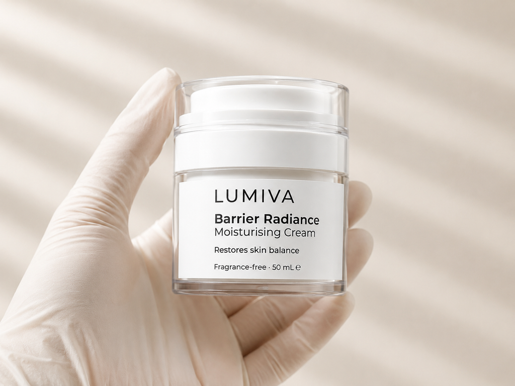 Lumiva Barrier Radiance Moisturizing Cream held in a gloved hand against a beige background