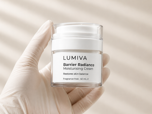 Lumiva Barrier Radiance Moisturizing Cream held in a gloved hand against a beige background
