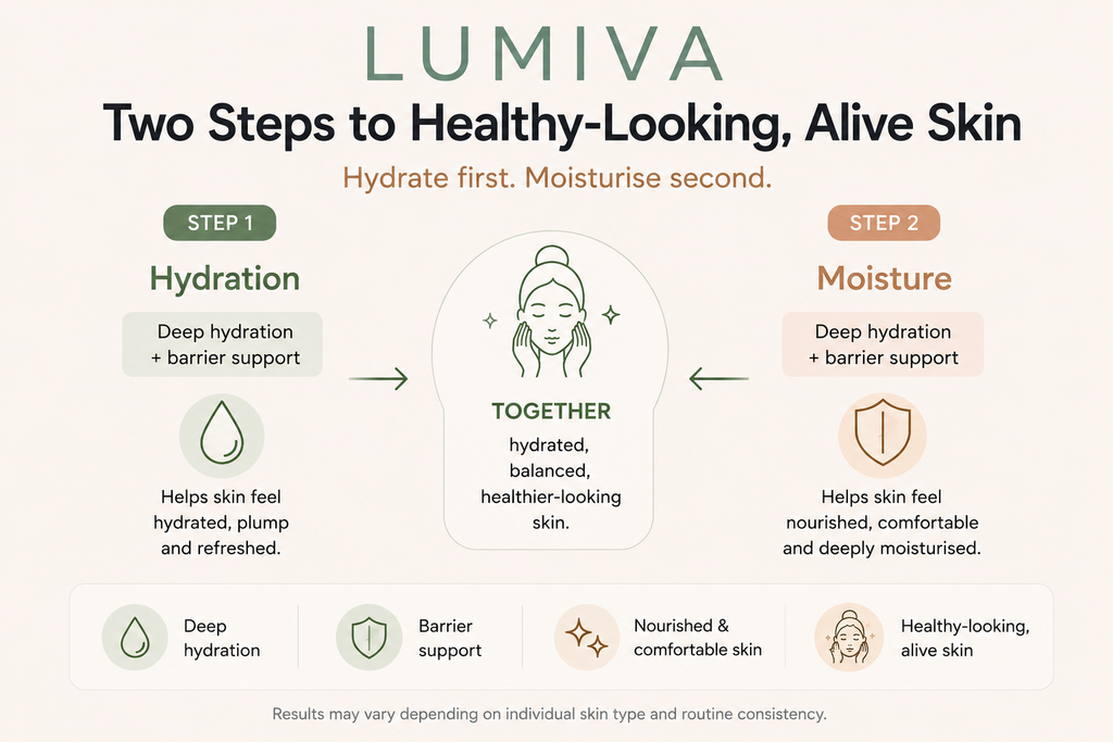 Lumiva skincare infographic with two steps to healthy-looking, alive skin on a white background.