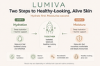 Lumiva skincare infographic with two steps to healthy-looking, alive skin on a white background.