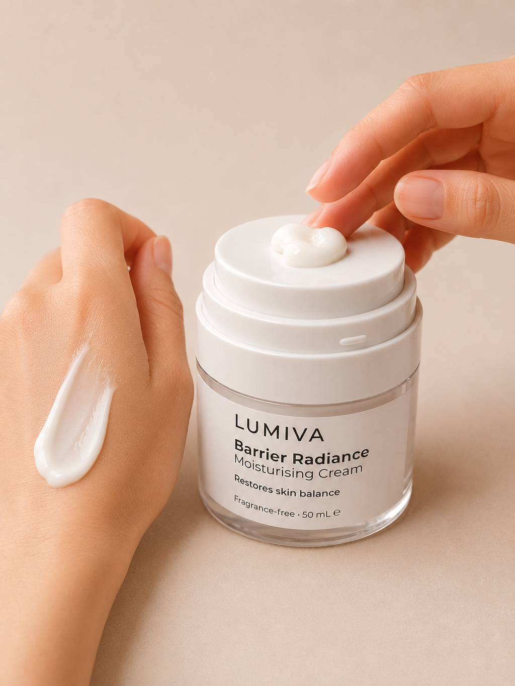Lumiva Barrier Radiance Moisturizing Cream being applied to a hand on a beige background