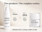 LUMIVA skincare routine graphic showing two products: Barrier Hydration Serum on the left and Barrier Radiance Cream on the right, with text reading 'Two products. One complete routine.