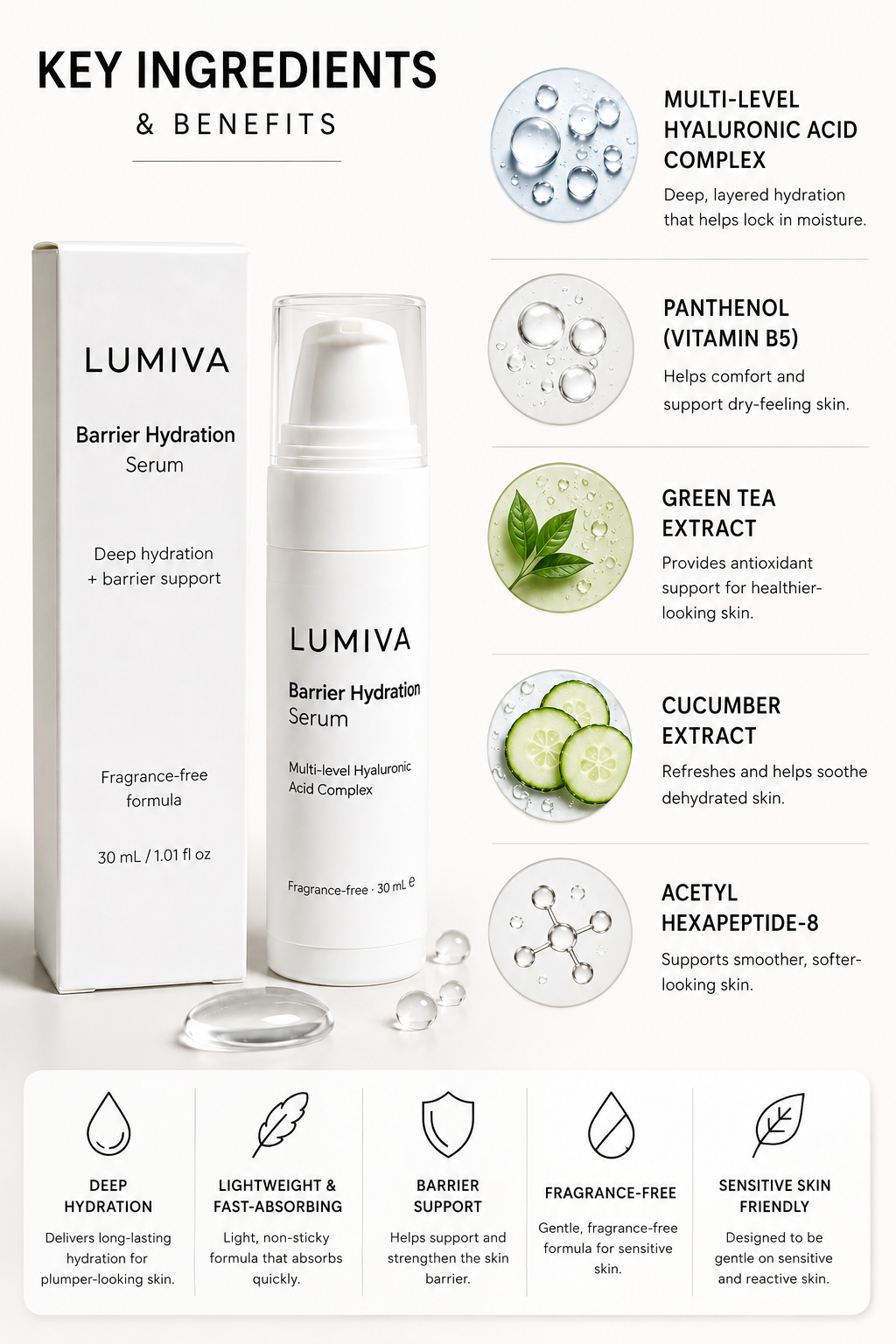 Lumiva Barrier Hydration Serum with key ingredients and benefits 